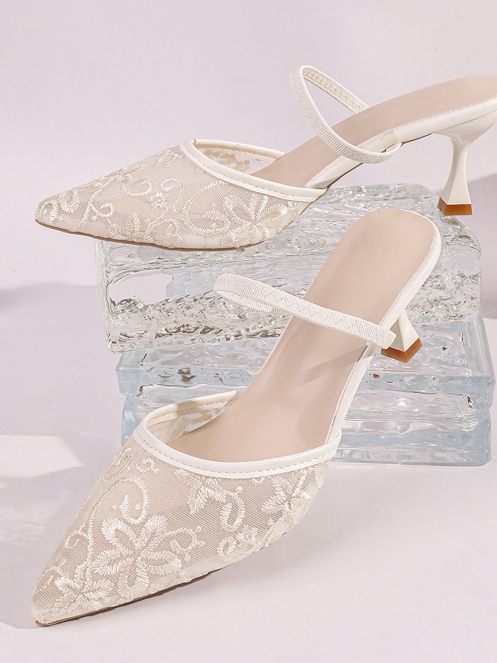 Elegant Ivory Embroidered Slingback Heels for Women